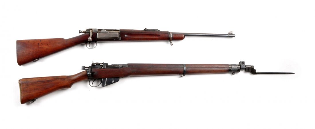 (C) Pair of Military B.A. Rifles - Krag & Enfield.: Serial # 430655 & B15932 First rifle is a British Enfield No. 4 Mk I with a 25” barrel in caliber .303 British. Standard issue blued finish, walnut stock, brass butt hplate. Excellent condition with