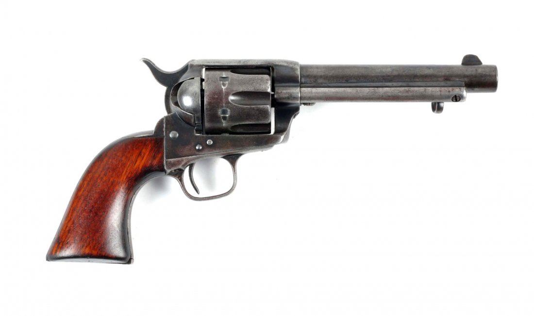 (A) Antique Colt Artillery Model S.A.A. Revolver.: Serial # 93294 Caliber .45 long Colt, Barrel length 5-1/2”. The frame is an 1883 D.F.C. (David F. Clark) inspected Calvary frame. As most collectors know the U.S. Government recalled hundreds of sta