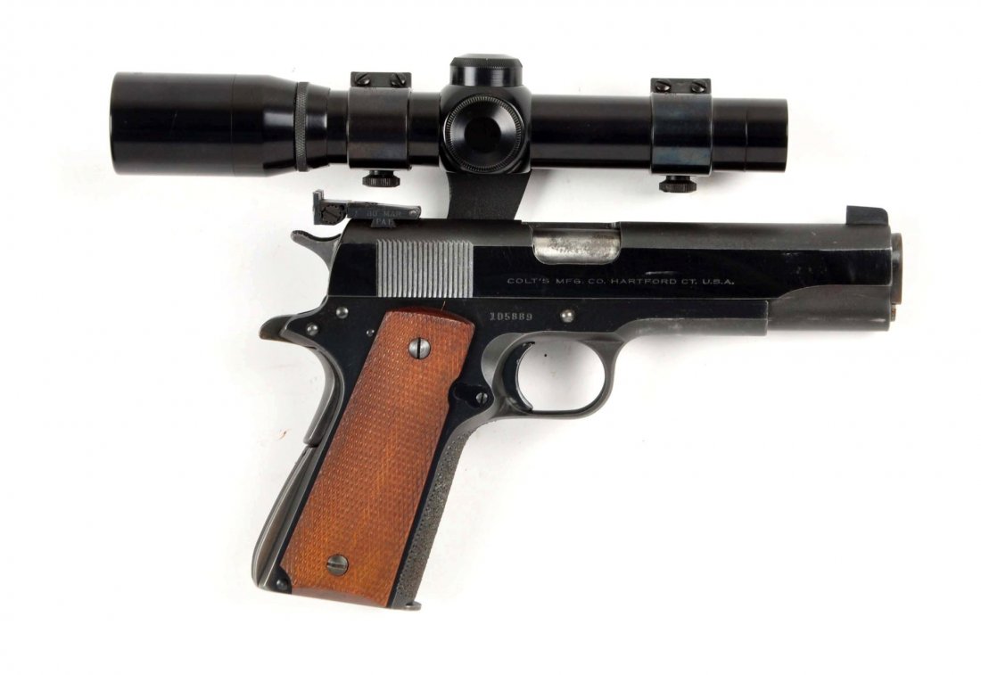 (C) Custom Colt Model 1911 A-1 38 Super Pistol.: Serial # 105889 Chambered for the .38 Super Cartridge. Barrel length 5” Manufactured 1952. This pistol started life as a standard commercial early post war 38 Super in 1952, with standard blue finis