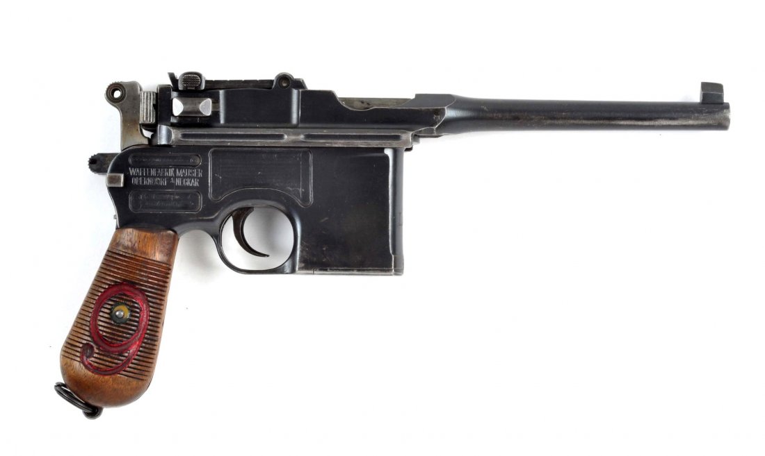 (C) Mauser Broomhandle Red 9 Semi-Auto Pistol.: Serial # 57635 5-1/2” barrel in 9mm caliber. Offered is an extremely fine condition all original Broomhandle Mauser that has the date 1920 stamped on left side of slide. This was in compliance to th