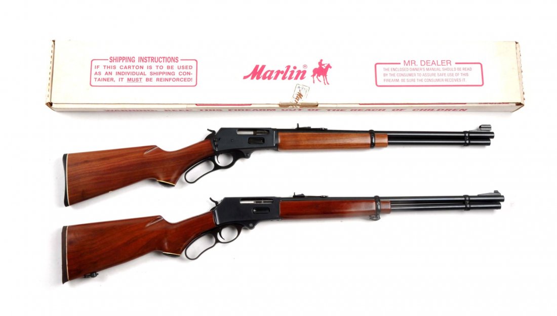 (C) Lot of 2: Mossberg/Marlin Lever Action Rifles.: Serial # 874110 & 11059747 The first gun is a Mossberg in .30-30 caliber with a 20" barrel. Features full magazine, blue finish, walnut stock, pistol grip, with cap, rubber butt pad. Aside from a few