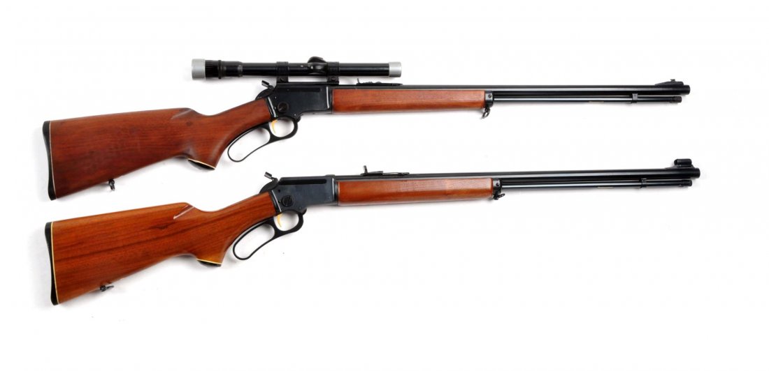 (C) Fine Pair of Marlin Model 39A L.A. Rifles.: Serial # 19242022 & AA2598 Both rifles are standard takedown lever action referred to as the "Golden 39A". Features 24" barrel, full magazine, ramp front sight, blued finish, walnut stocks, fluted com