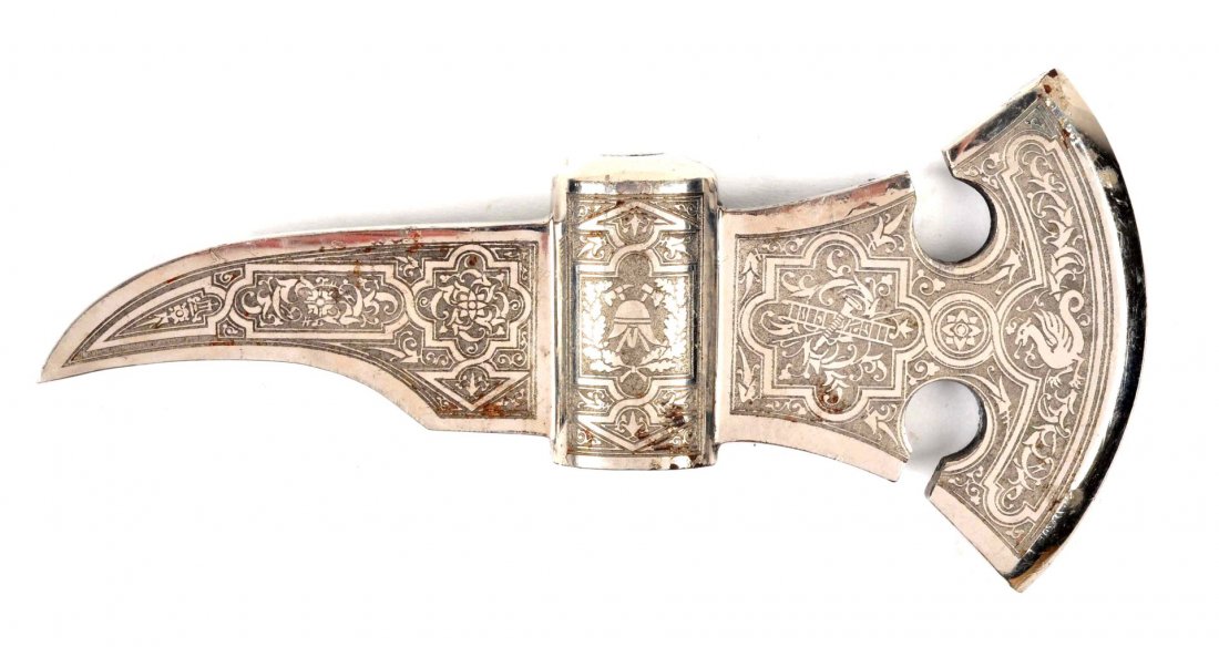 Decorative Engraved Presentation Fireman Axe Head: This axe head measures 6 7/8’’ and 3’’ at its highest point. It is beautifully engraved in deep relief. It has a fireman motif with ladder and horn in the center of axe head. Other images of h