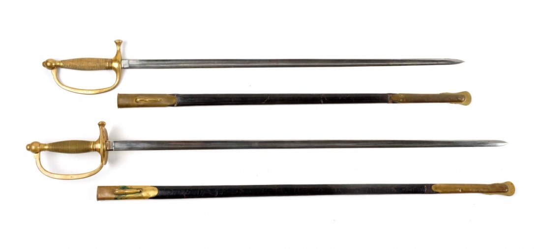 Lot Of 2: Civil War Era U.S. Swords.: (A) NCO, Manufactured by Emerson & Silver of Trenton, NJ Dated 1865. DFM Inspected. No blade washer, has brass hilt guard, matching inspector on knuckle bow, has a brass and leather scabbard with craz
