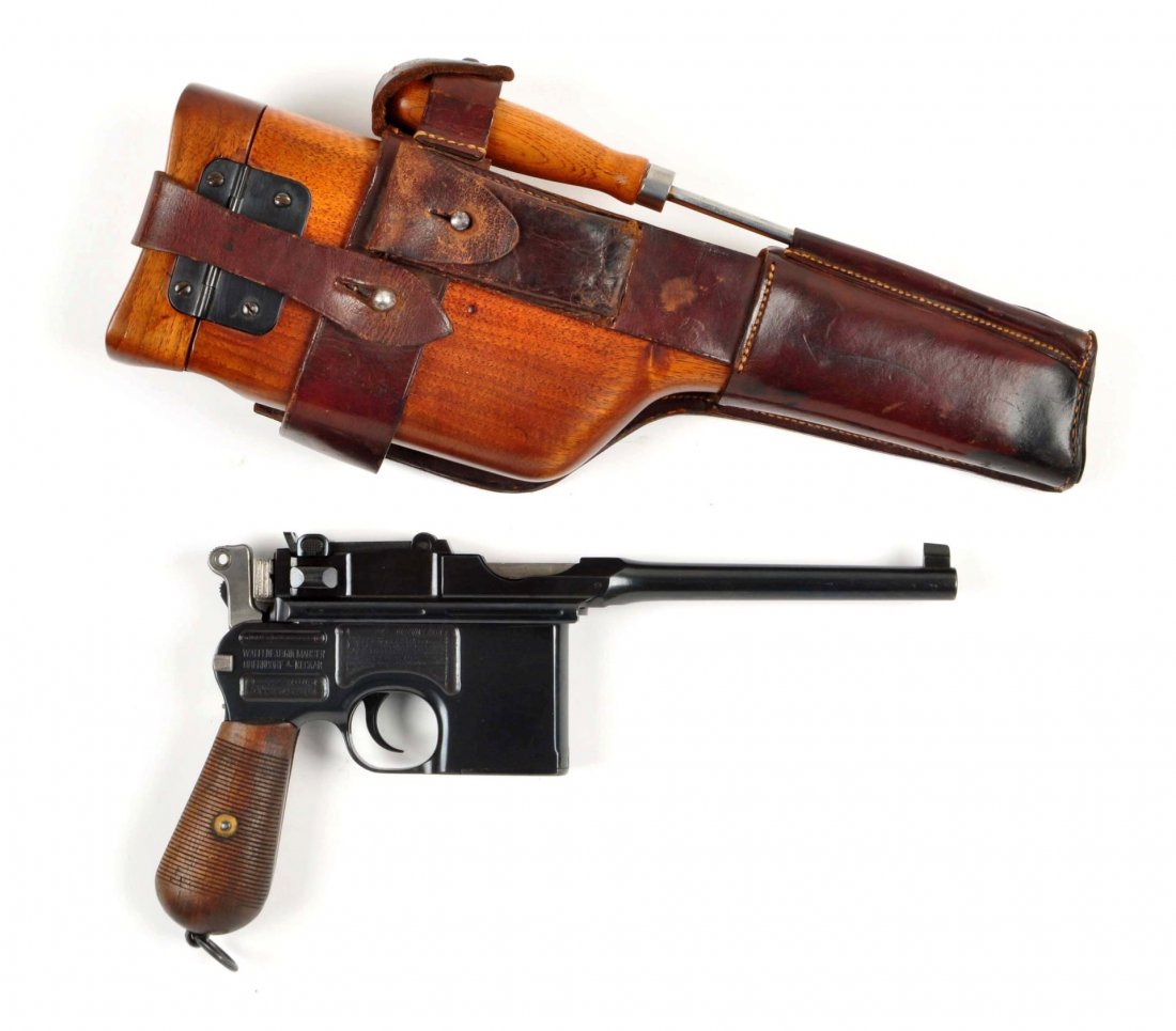 (C) Broom Handle Mauser C96 Pistol.: Serial # 353485 Caliber 7.63mm Barrel length 5-1/2". Offered is a commercial Mauser. Serial number falls into the serial number range on page 124 in the "System Mauser book" Features a late adjustable
