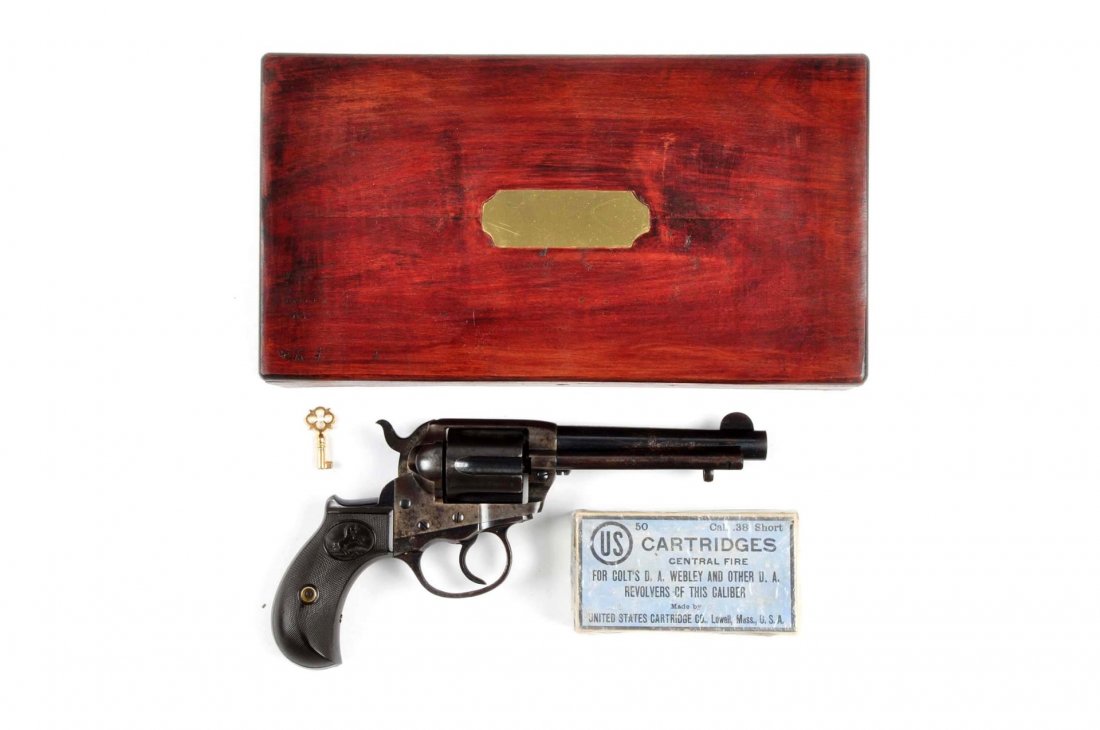 (C) Colt Lightening Double Action Revolver.: Serial # 147003 4-1/2” barrel in .38 LC caliber. This revolver was manufactured in 1903. Features blued barrel, cylinder, back strap and trigger guard, with case colored hammer and frame. Has near m