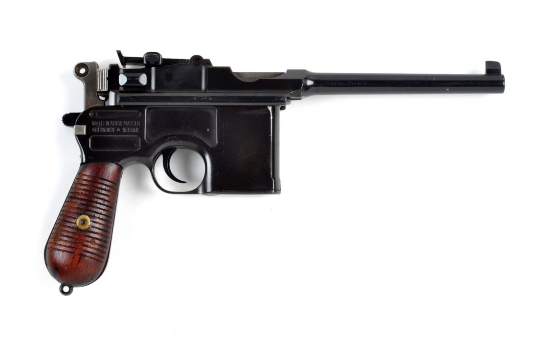 (C) Mauser Broomhandle Semi-Automatic Pistol.: Serial # 80995 5-1/2” barrel in caliber 7.63mm. This standard Broomhandle Commercial Mauser retains approximately 98% of the re-applied high polish blued finish. Matching numbers. Has the serrated w