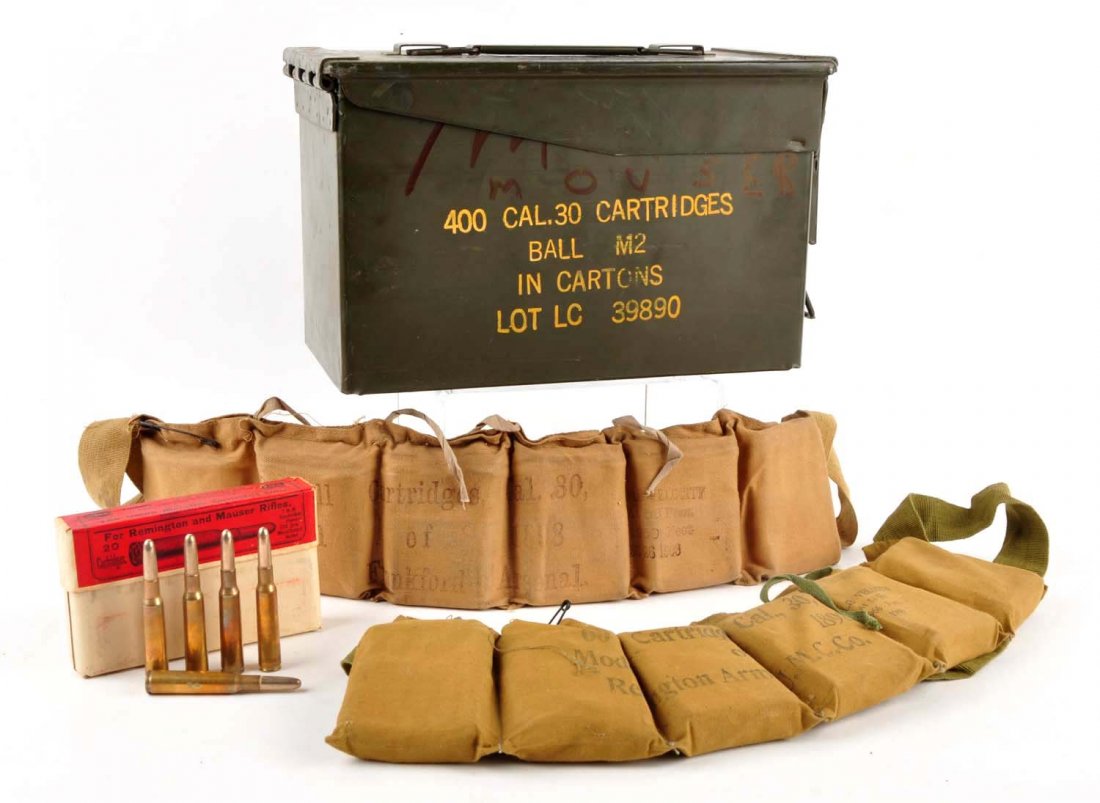 Large Lot of Collectible Ammo.: Includes nine full boxes two-piece UMC 7mm smokeless cartridges for the Remington and Mauser rifles appear to be new-old stock circa 1910, and two full cartridge bandoleers. Both are for the 1898 Krag
