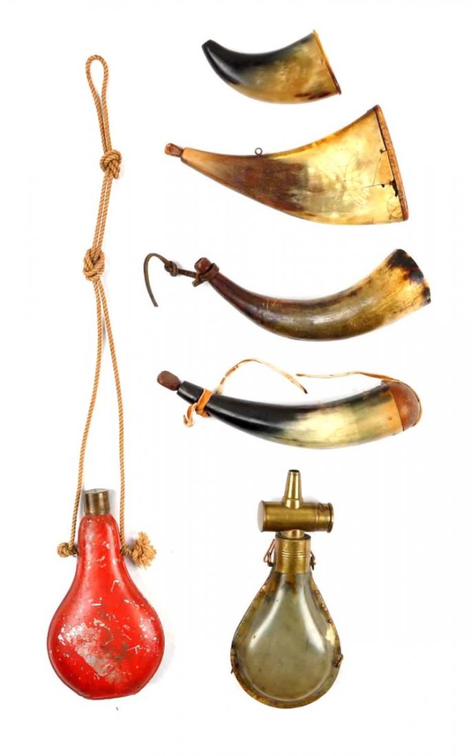 Lot Of 6: Early Powder Horns.: To include; Nice lot of early powder containers. (A) an interesting shot dispenser that features a brass charger, entire body made of horn and measures 8". (B) a flat horn that is incised on both side