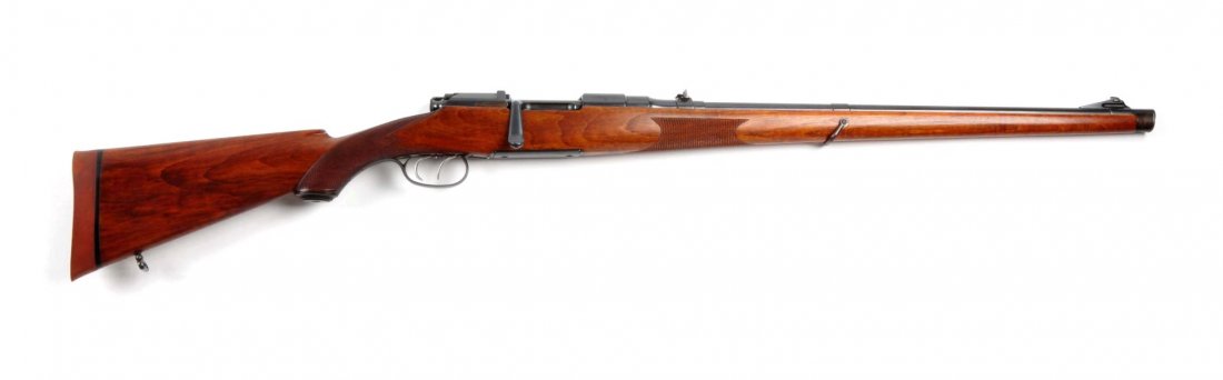 (C) Mannlicher Schoenauer Model 1903 Rifle.: Serial # 5607 6.5x54mm with a 23” barrel. Features include full length stock with metal forend tip, sling swivels, double set triggers, butter knife bolt handle, two-leaf folding rear sight, sportin