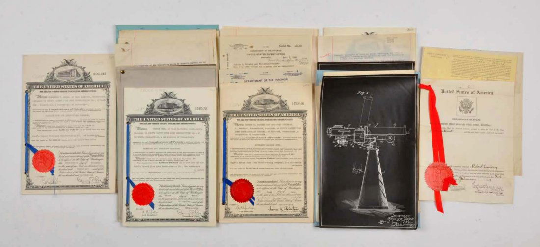 Large Lot of Colt Documents Circa 1900’s.: To include: 1) 1936 patent letter to the Irish Free State. Improvements in or relating to closure for bottles and containers. 2) Commission of patent to Frederick Moore at Colt for machine guns and at