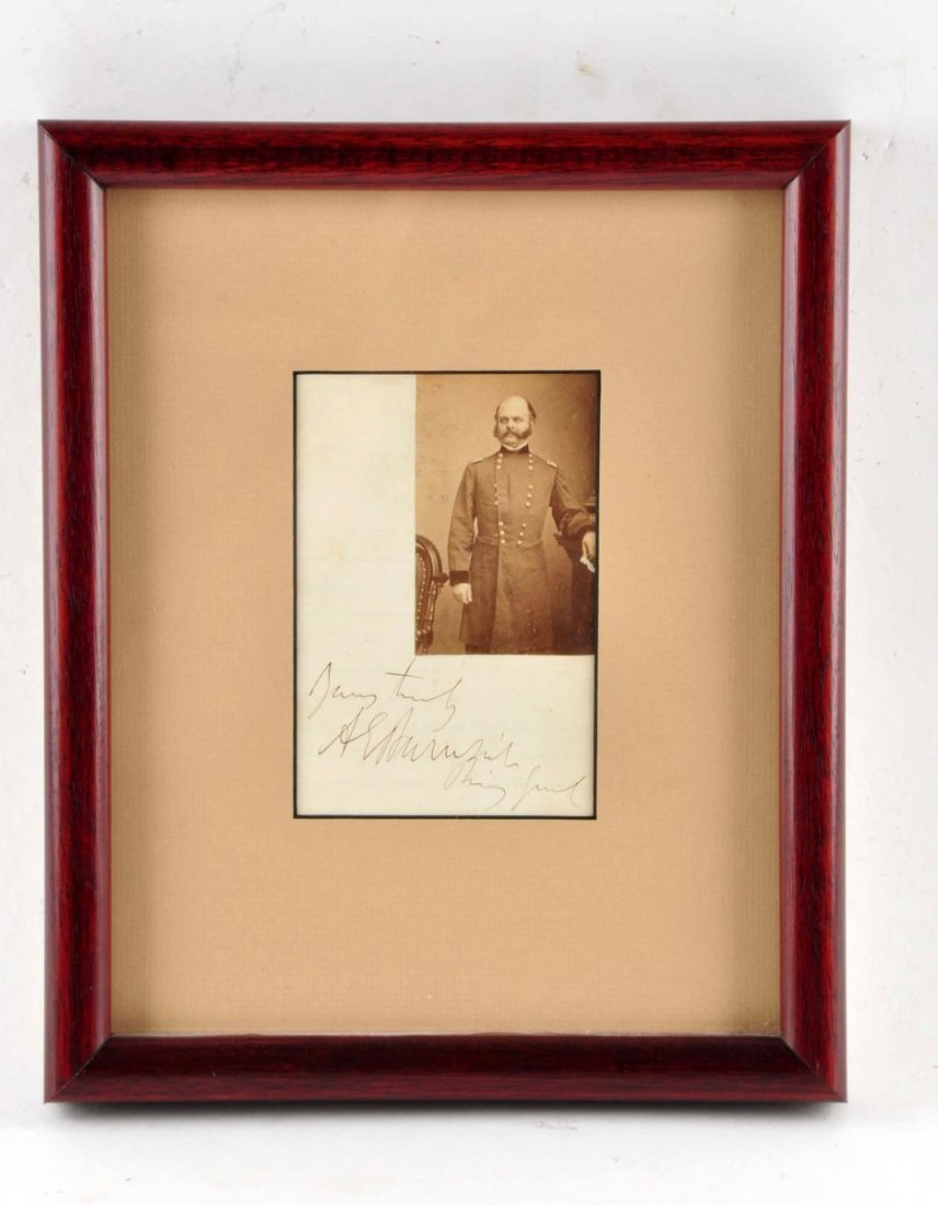 Lot of 3: Framed Civil War General Autographs.: This lot includes an autographed CDV of Major General F.C. Barlow framed with a letter dated 1869 (post-war) from the Barlow Law Office in New York. Matted in blue with gold frame, measures 20" x 16".