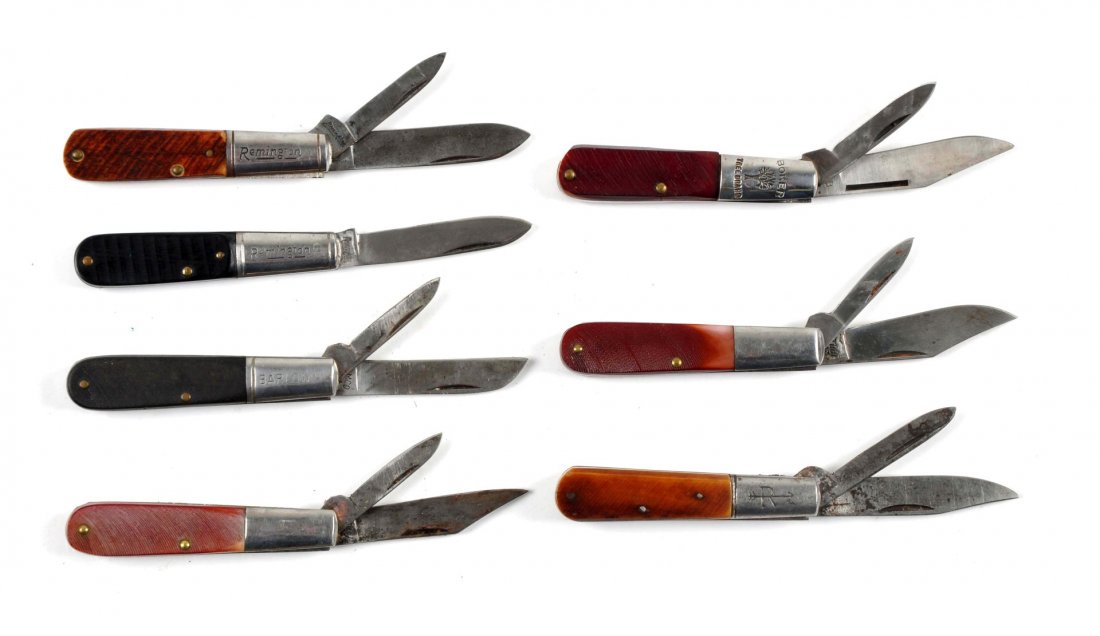 Lot of 7: 1 & 2-Blade Barlow Knives.: Russell 3-3/8" two-blade barlow handled in saw cut bone. Ka-Bar 3-3/8" two-blade barlow handled in delrin. Remington "Straight Liner" 3-3/8" one-blade barlow handled in black composite. Ka-Bar 3-3/8"