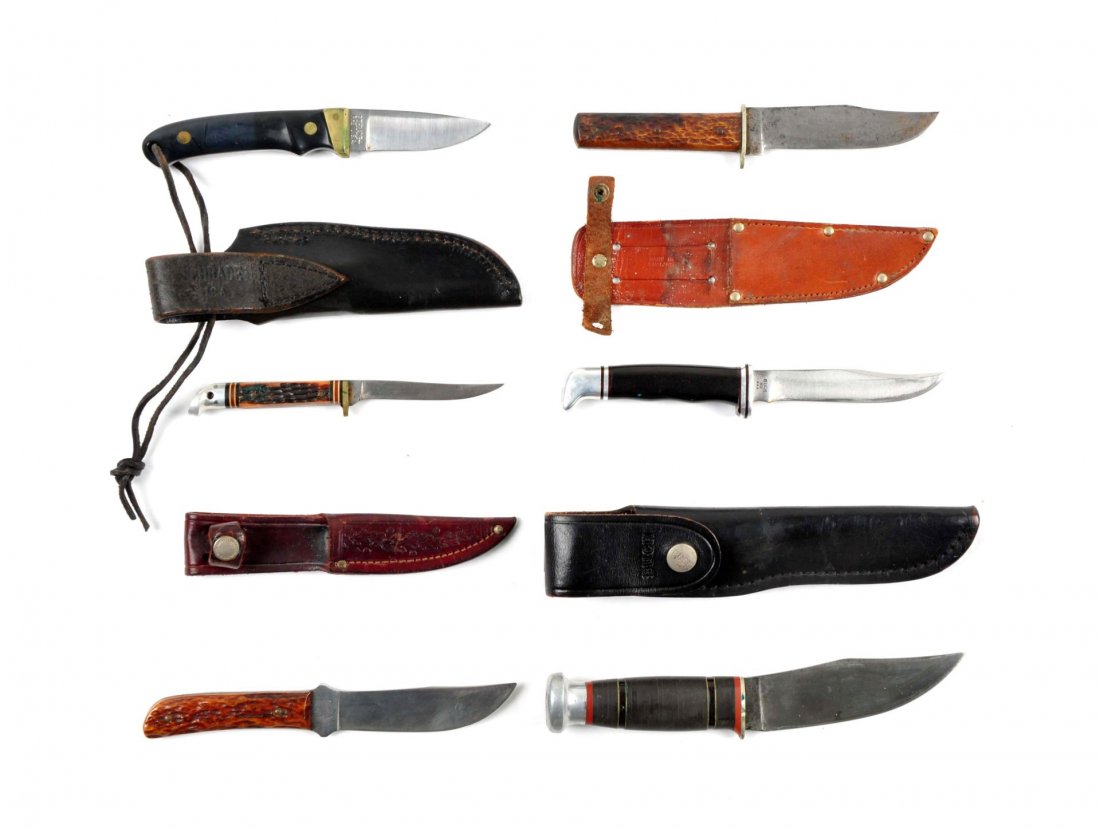 Lot of 6: American Fixed Blade Knives.: a) Olcut 4-1/2" blade with a stacked leather handle. No sheath. B) Remington U.M.C. "Outers" RH4 4-1/8" blade handled in bone. No sheath. C) Western 3-1/8" blade delrin handled bird knife. Correct she