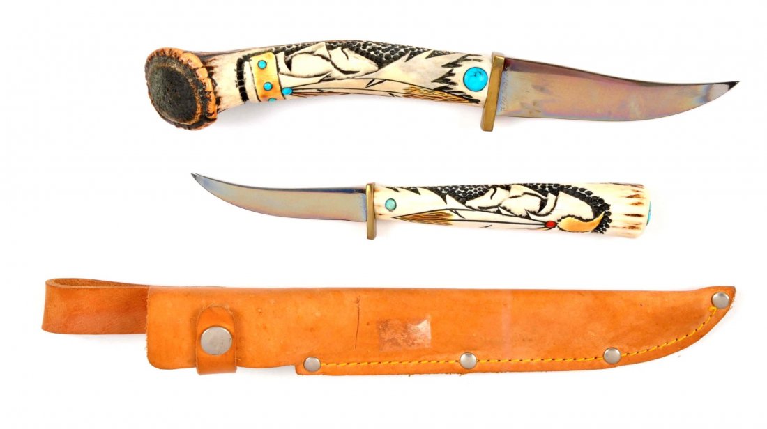 Lot of 2: Custom Stag Handled Knives.: Custom made hand carved stag handled fixed blade knife. Maker's initials and identifying numbers on both front and back tang of this little 2-3/4" fixed blade. No sheath. Custom made hand carved stag 