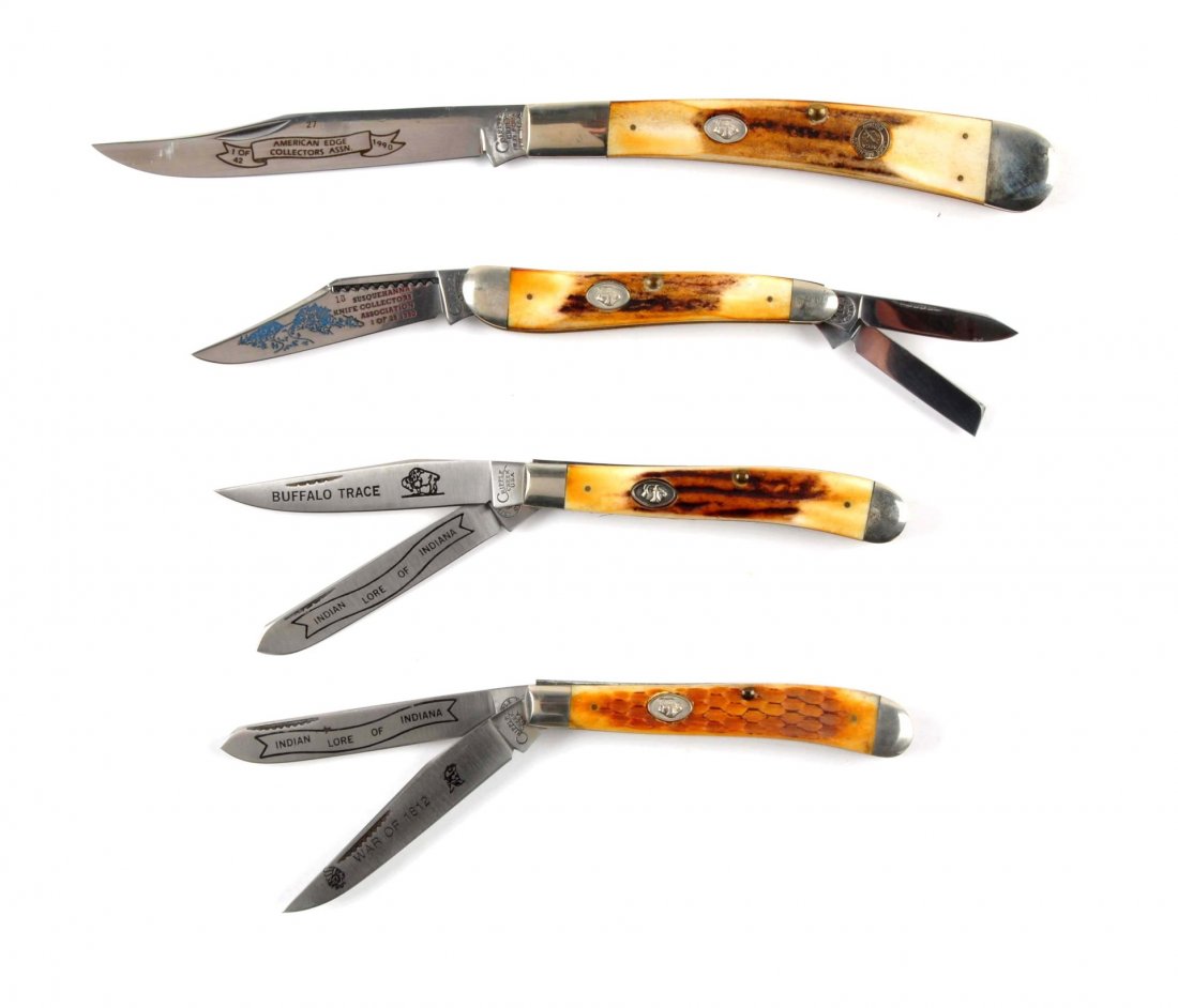Lot of 4: Pocket Knives.: Cripple Creek Old Fort, TN U.S.A. (Blackjack Knife Co.) circa 1990, 5-1/4" 1-blade limited edition narrow clasp knife handled in genuine stag. Cripple Creek Old Fort, TN U.S.A. circa 1987, 3-3/4" 3 bl
