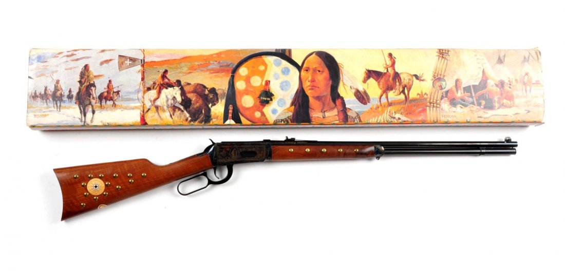 (M) MIB Winchester Chief Cracy Horse Model 94 Comm: Serial # CCH12156 24" barrel in .38-55 WCF. Winchester produced this rifle in 1983. Featured the case colored engraved frame with case colored forend cap with built in swivel, full round barrel with f