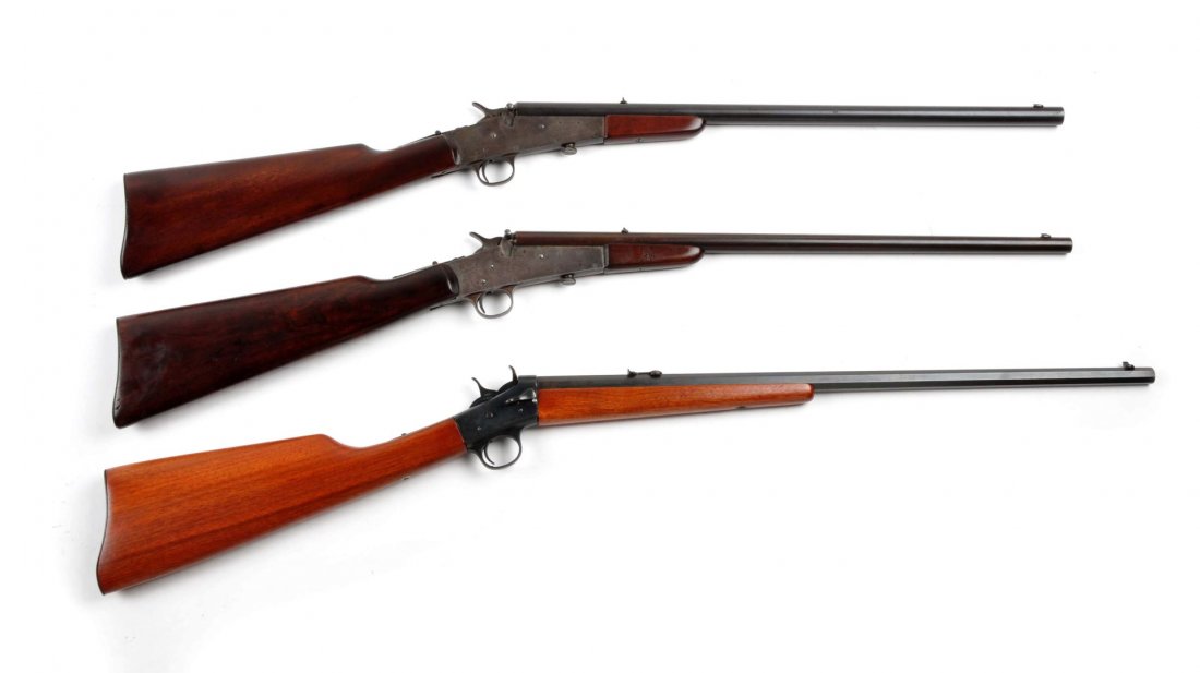 (C) Lot of 3: Remington Single Shot Boys Rifles.: Serial # S68954 & S314700 & J31514 First is a Remington patent 1902 single shot .22 with a 20" barrel. Sharp legends. 90% blue mixed with patina. Case colors have darkened. Stocks refinished to excell