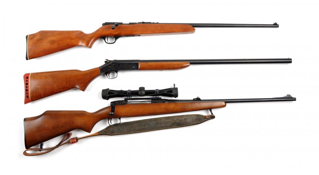 (M) Trio Hunting Battery of Firearms.: Serial # E913698, AL210223 & NSN Gun A) Savage Model 110E bolt action rifle. Serial #E913698, Cal 30-06, barrel length 22". Features blued finish, adjustable rear sight, ramp front, unadorned hardwood