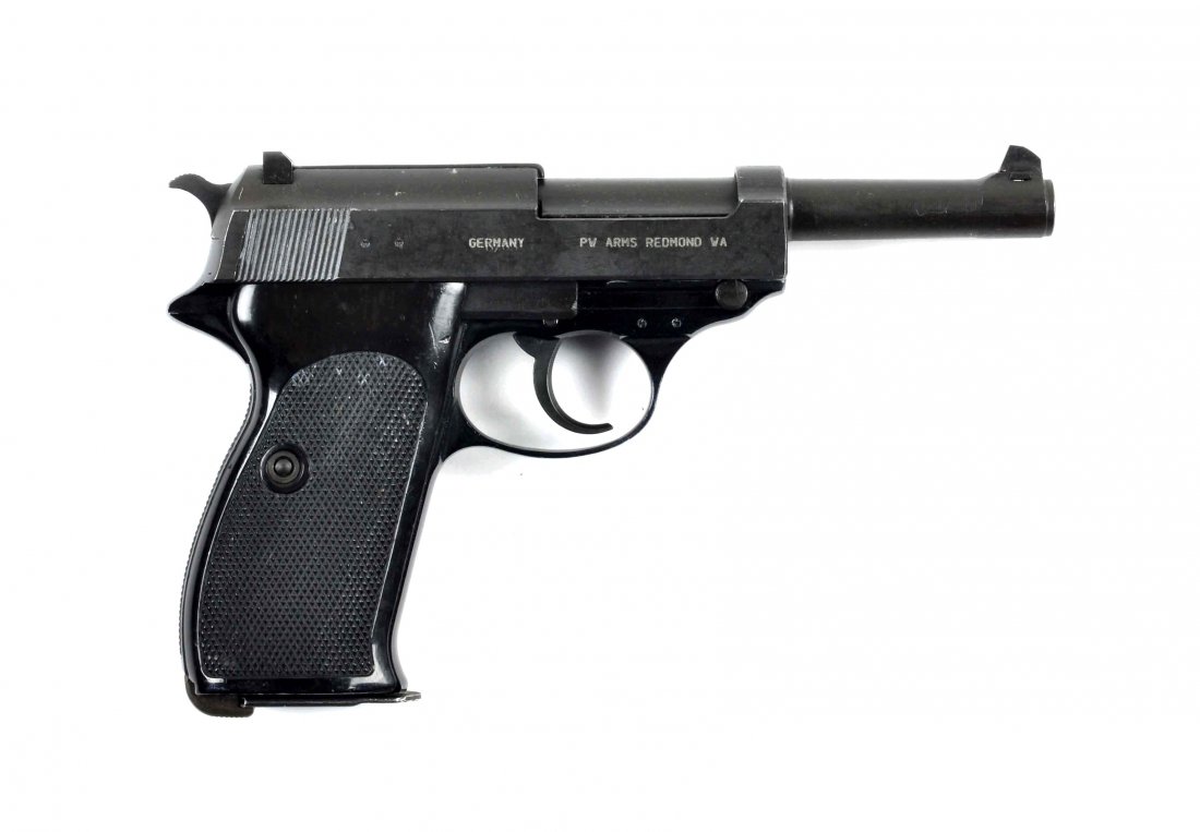 (M) Walther P38 9mm Semi-Automatic Pistol: Serial # 212643 Caliber .9 mm, Barrel length 5”. This pistol is a double action, semi-automatic with matching numbers. Features the phosphate matte military finish on the slide with the blue enamel 