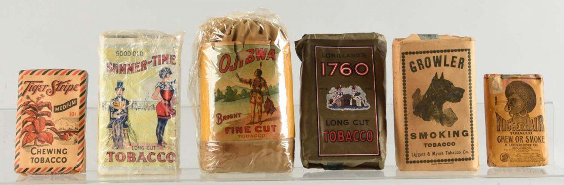 Lot OF 6: Assorted Tobacco Packs.: Included is a Growler Smoking Tobacco, Tiger Stripe Chewing Tobacco, 1760 Long Cut Tobacco, a Good Old Summertime, a Ojibwa and a pack of Nigger Hair Tobacco. All packs still have the unused tobacco i