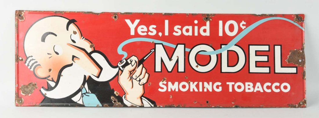 Model Smoking Tobacco Porcelain Advertising Sign.: This single sided sign has great graphics and strong colors. There are numerous chips to the mounting holes as well as a few on the field. Condition (Good - Very Good). Size 34" x 11 - 1/4".
