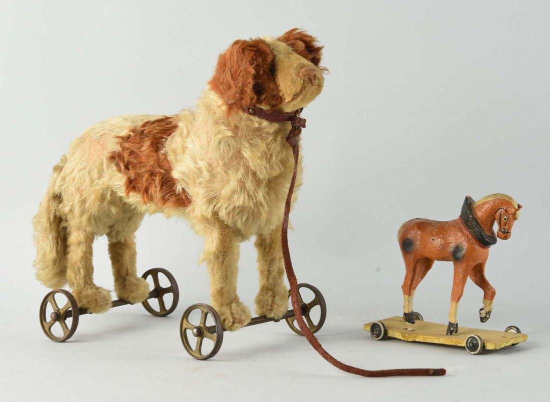 Lot Of 2: Pull Toys Stuff Dog & Horse.: Overall wear to both. Condition (Very Good - Excellent). Size Largest : 11 -1/2" L.