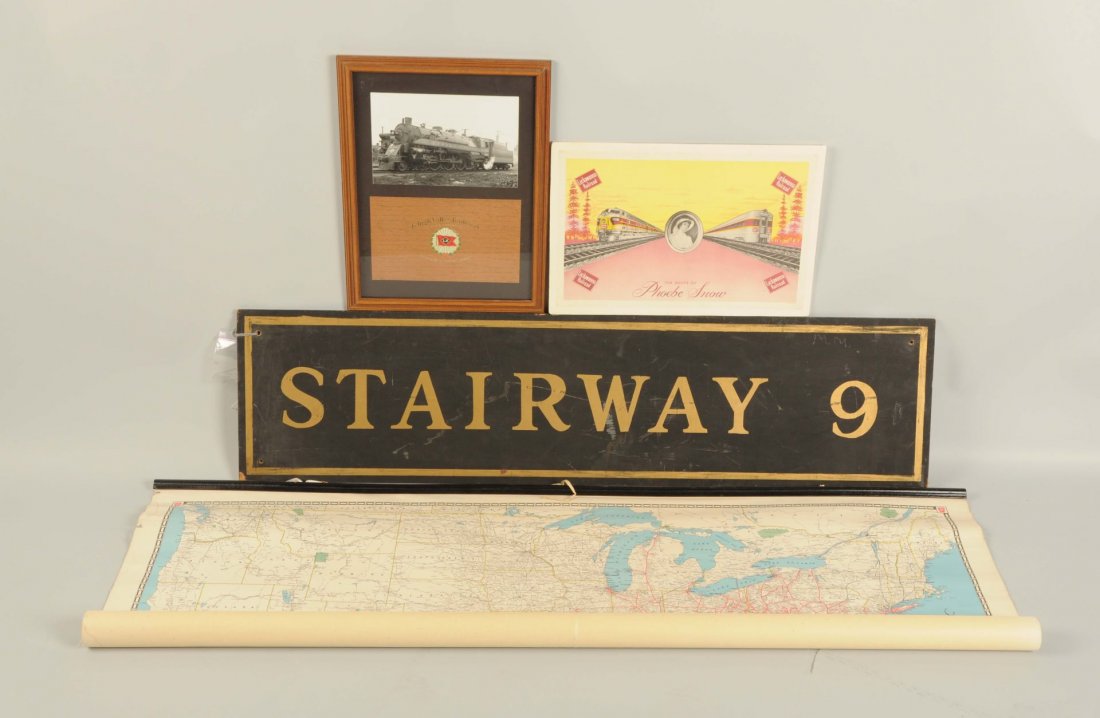 Lot Of 4: Train Posters & Signs.: Wood stairway sign, gold letters. PRR wall mounted railroad map and ads for the Lackawanna Railroad. Condition (Good - Very Good). Size Largest: 56'' L.