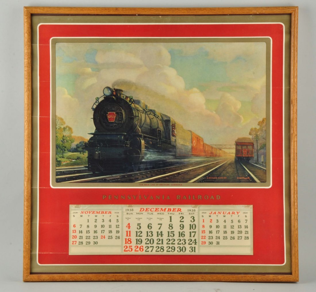 Lot Of 2: Framed Pennsylvania Railroad Calendars.: First one is from 1938, does not have the pad, only December is left, some creasing. The second one is from 1951, creases and the frame needs repaired. Condition (Good - Very Good). Size Each: 29-3/4'