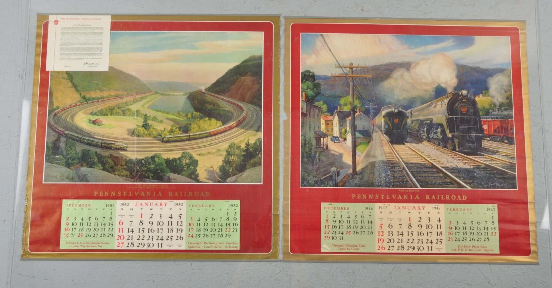 Lot of 3: Pennsylvania Railroad Calendars.: Dated 1946, 1950, and 1951. With peripheral tears. No staining. Condition (Excellent). Size Largest: 28-1/4'' x 29''.