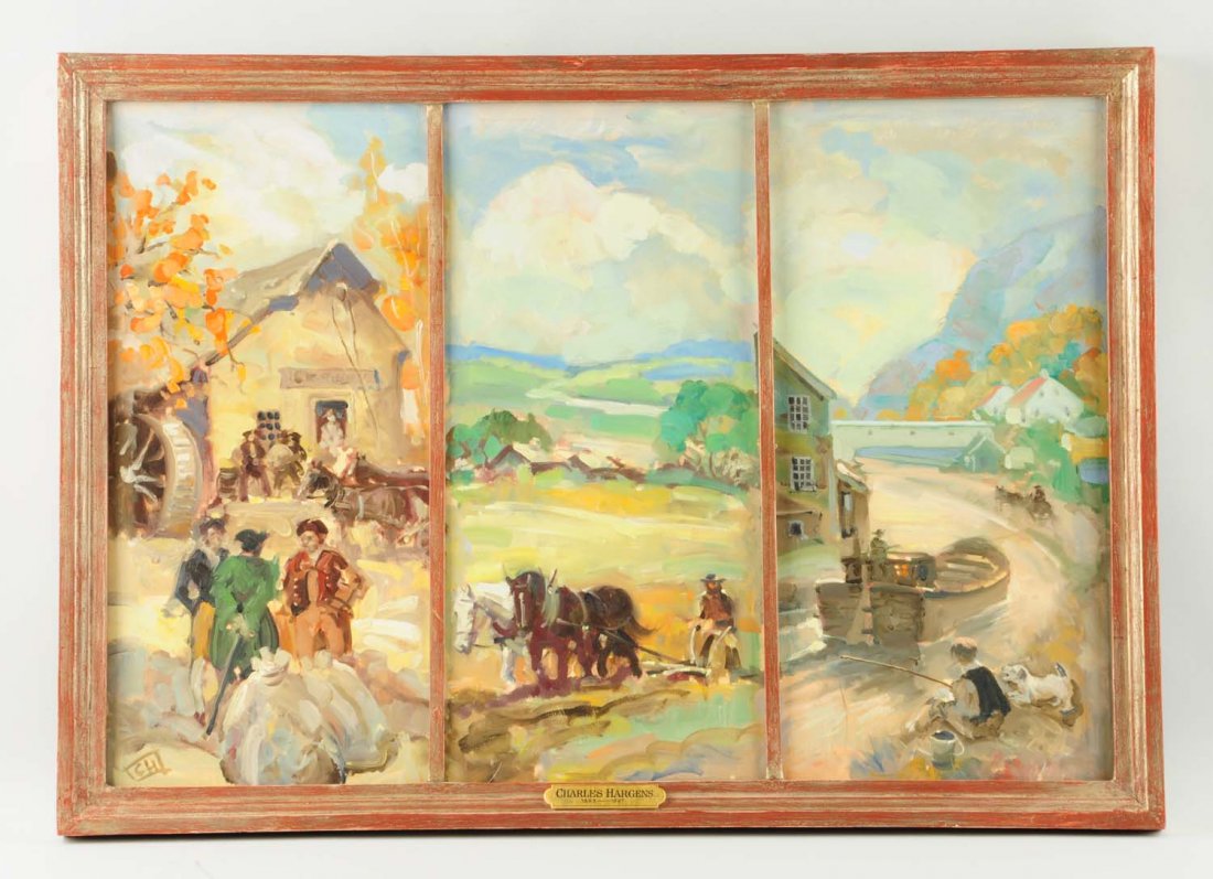 Charles Hargens (1893 - 1997).: Canal, Farm, Mill Triptych. Oil on board. 20-1/2" x 30". Signed lower left. Original period frame.