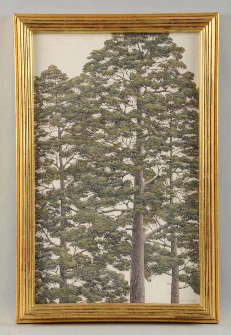 Richard Sparre (1936 - 2008).: Through the Trees. Tempera on panel. 24" x 15". Signed lower left.