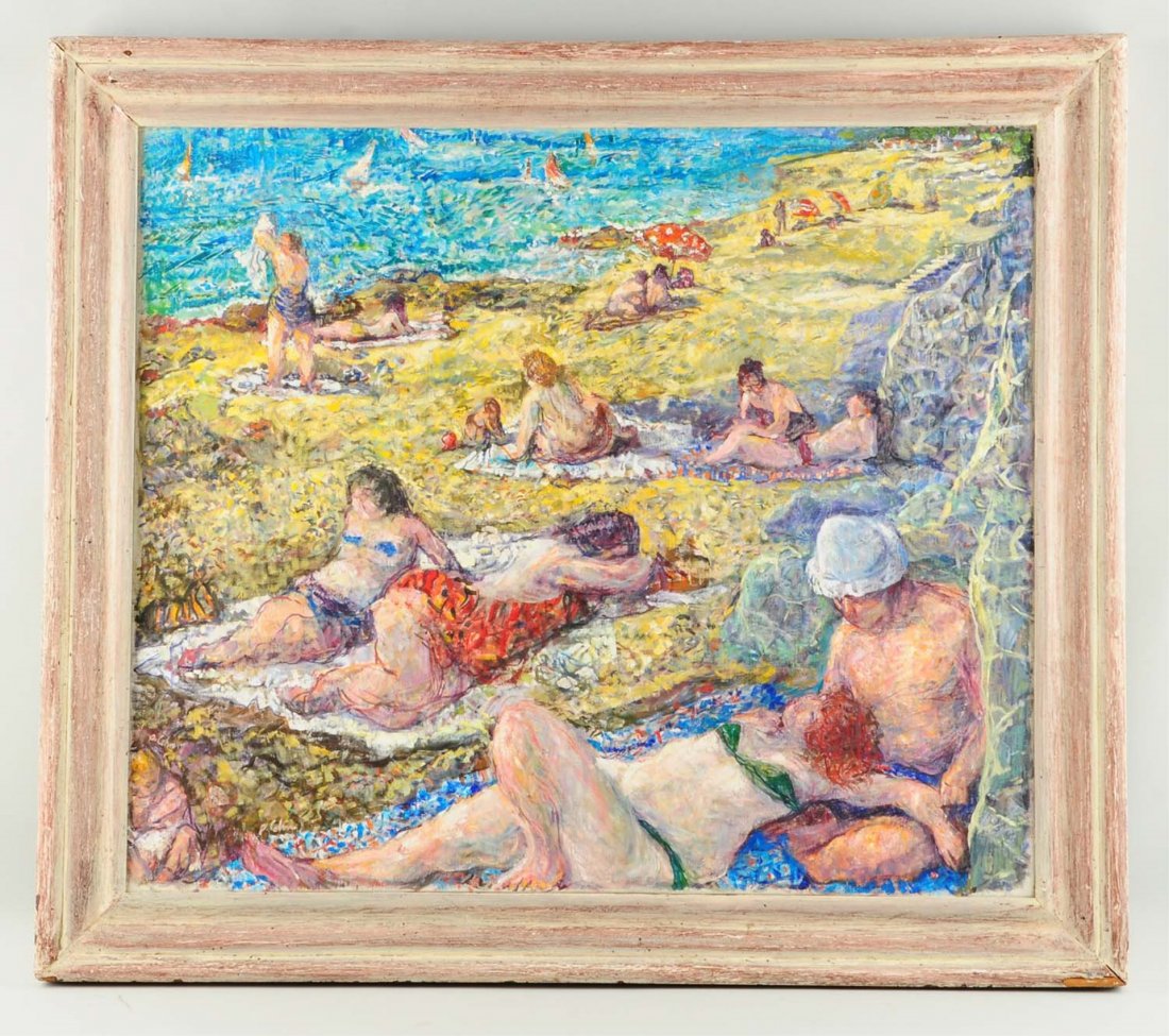 Philip Cohn (1923 - ).: Beauty and the Beach. Oil on canvas. 28" x 34". Signed lower left.