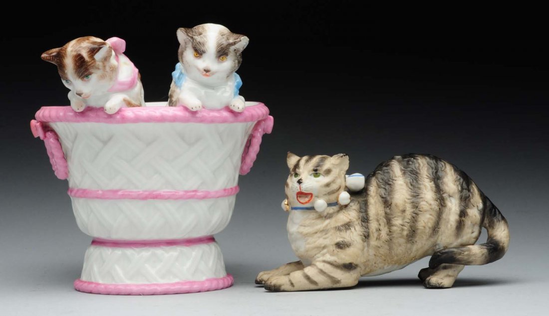 Lot of 2: Bisque & Porcelain Cat Figures. (1 of 2)