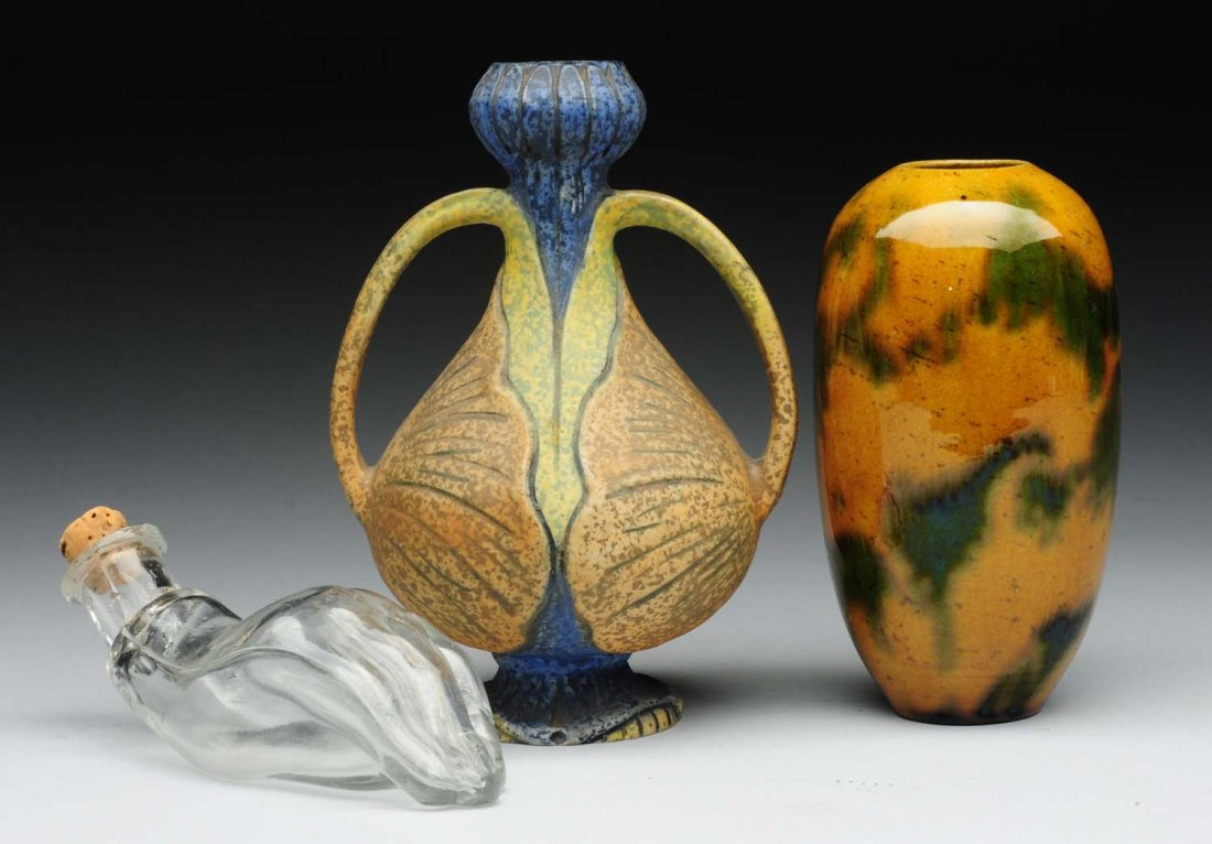 Lot Of 3: Pottery Vases & Glass Container. (1 of 1)