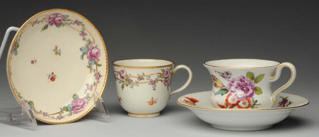 Lot of 4: 18th Century China Cups with Saucers.: One set is Kloster Veilsdorf, the other has a crossed swords mark. Condition (Excellent). Size Largest: 5 - 1/2" Dia.