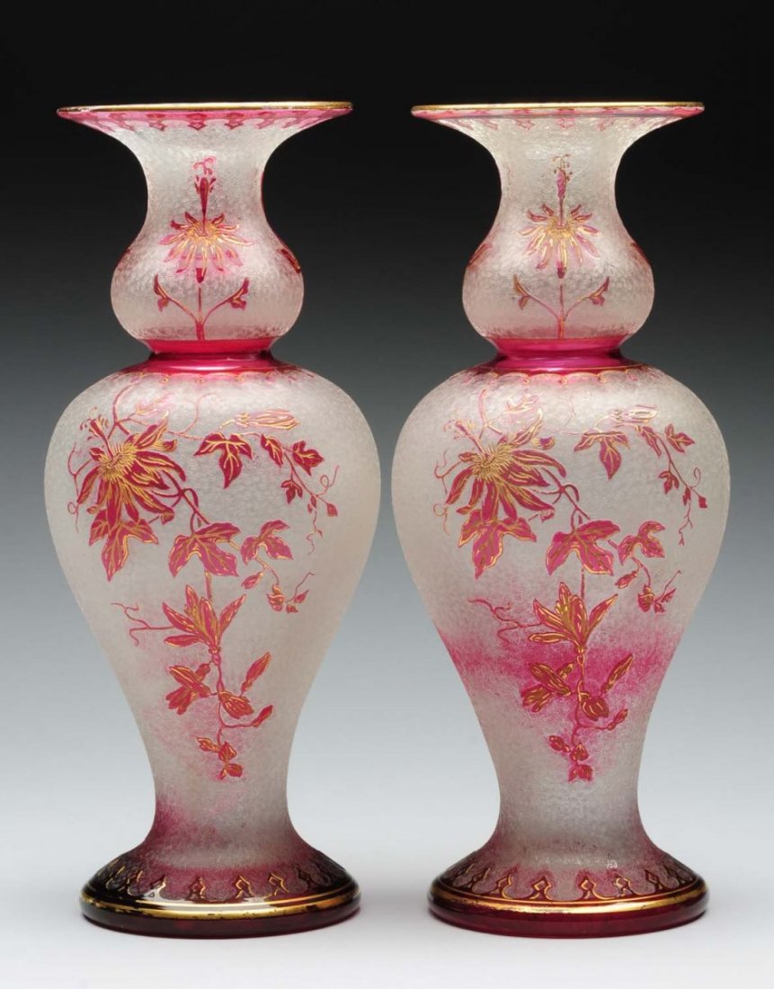 Pair of Signed Dame Nancy Cameo Glass Vases. (1 of 2)