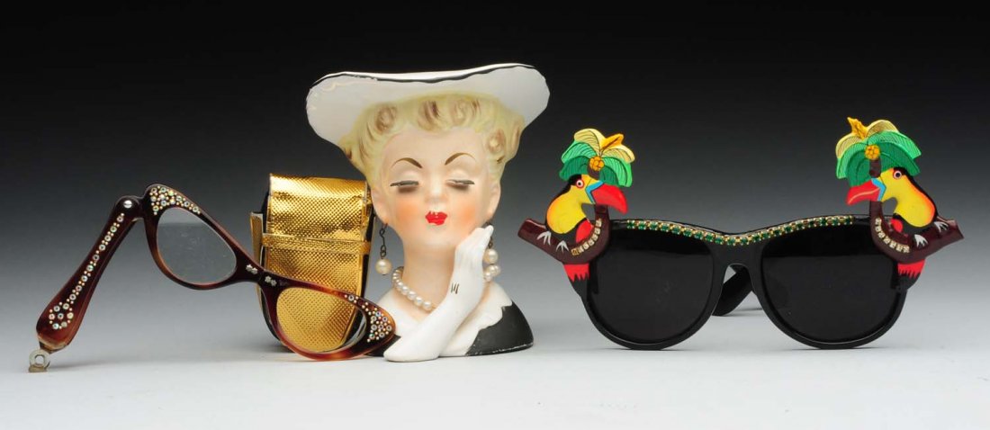 Lot Of 3: Glasses and a Vase.: Includes: a pair of jeweled foldable opera glasses in a case, a fancy pair of sunglasses with birds and jewels and a lady vase by National Potteries Company, Cleveland, Ohio. Marked "Made in Japan". C