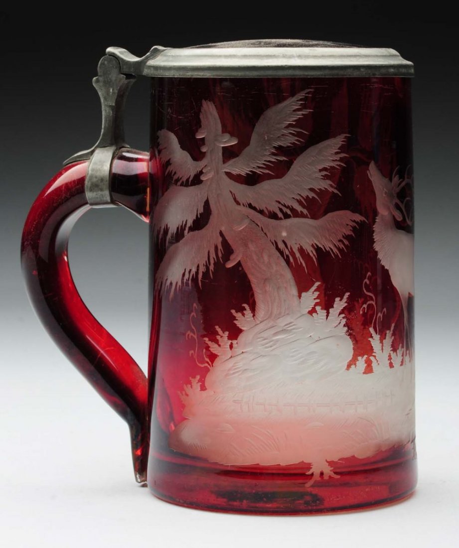 Red Bohemian Intaglio Cut Tankard Mug.: Depicts antlered deer in forest. Measures 5 1/4" tall. Pewter top with glass insert. No damage or repairs. Condition (Excellent). Size 5-1/4'' T.