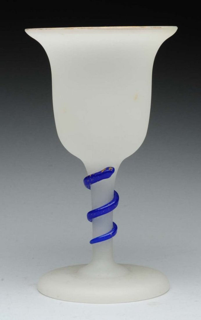 Large Opaline Stem Goblet.: Blue snake curled around stem. Polished pontil. No damage. Condition (Excellent). Size 8" T.