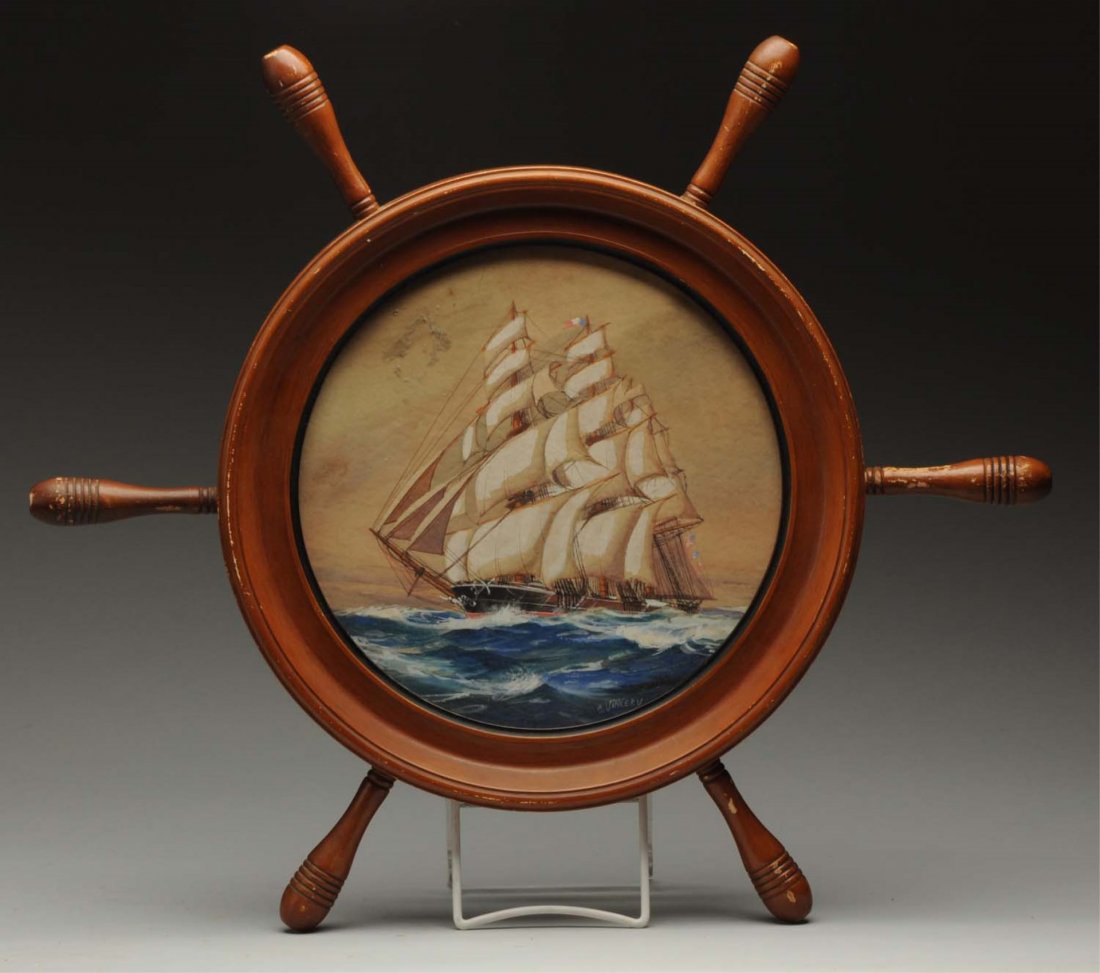 Charles Vickery Watercolor in a Ship's Wheel Frame: This fabulous watercolor is framed in a wooden ship's wheel. The painting shows an early ship on some rough seas and is signed on the bottom edge. The back of the painting retains the original certifi