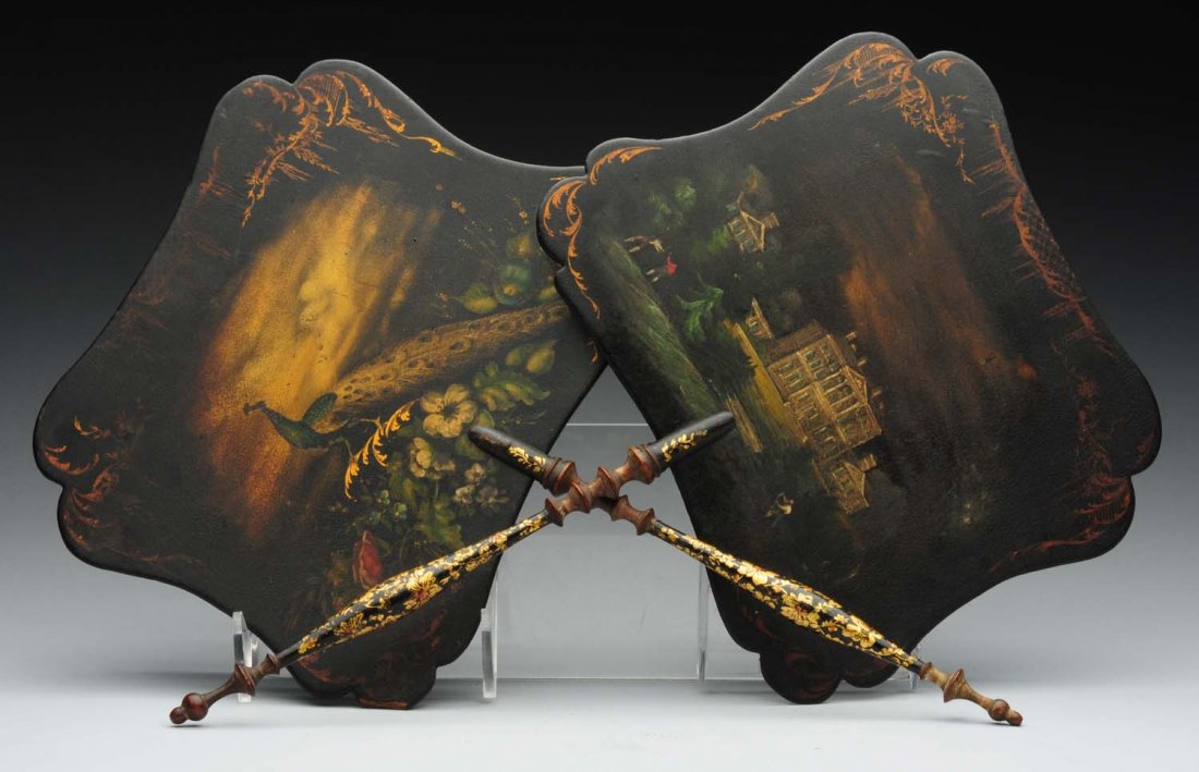 Lot Of 2: Hand Painted Papier Mache Fans. (1 of 1)