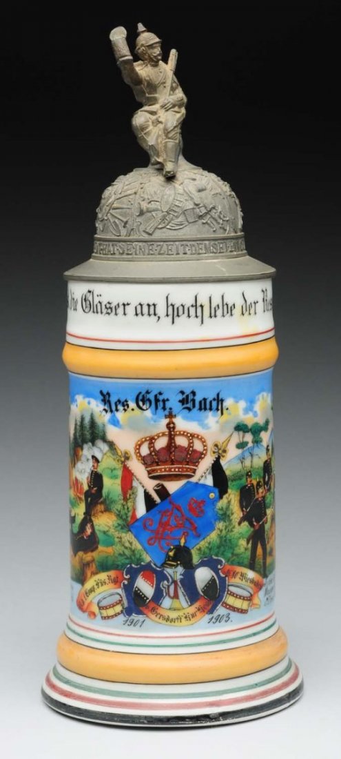 German Lithophane Regimental Beer Stein.: Stein has a pewter top of a soldier holding a gun and lithography graphics. Dated 1903. No cracks or damage. Condition (Excellent). Size 11-1/2'' L.