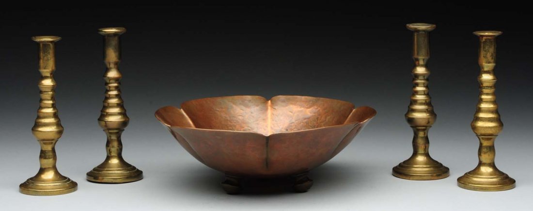 Lot Of 5: Copper Bowl & Brass Candle Sticks. (1 of 1)
