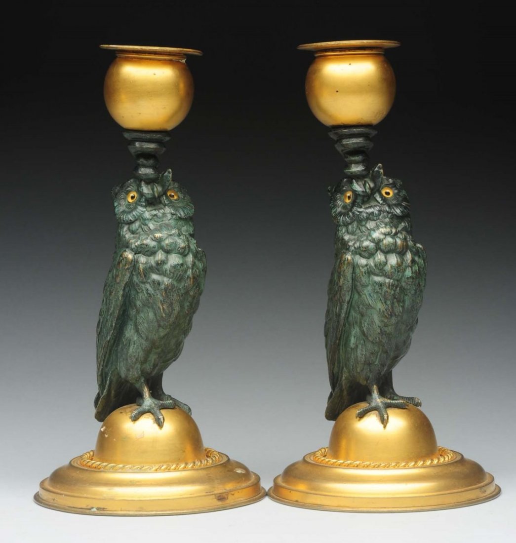 Pair Of Brass Figural Owl Candle Stick Holders. (1 of 2)
