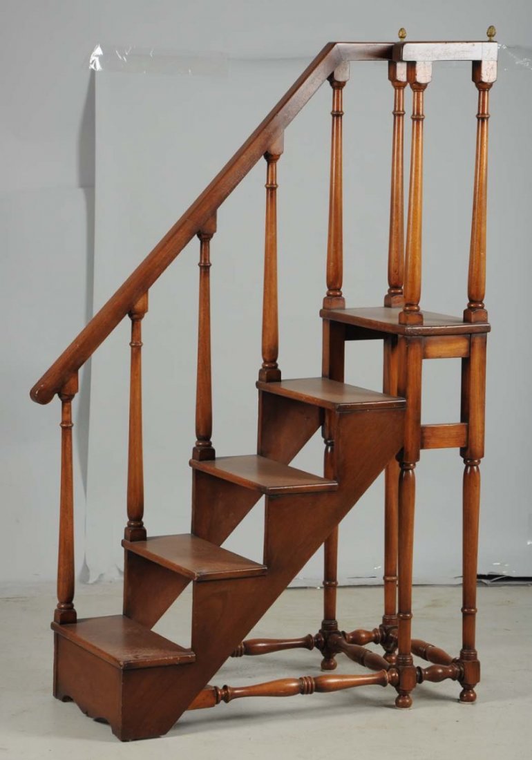 English Mahogany Library Steps.: These modern steps are extremely well made with fine details in a nice rich mahogany. There is some denting and chipping of the wood with some surface abrasions. Condition (Very Good). Size 63 - 1/4"