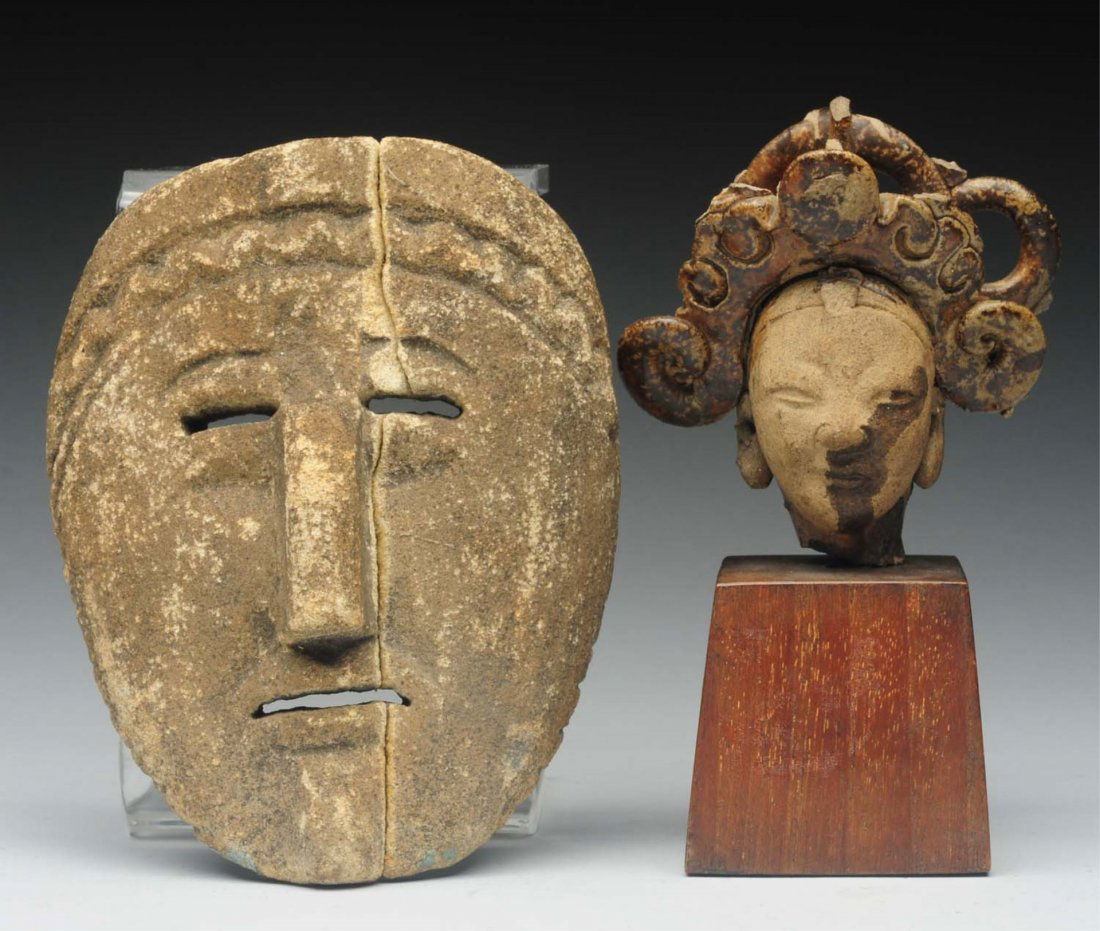 Lot Of 2: Stone Mask & Ancient Head In Stand. (1 of 2)