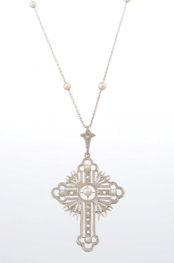 An Edwardian Pearl And Diamond Pendant Necklace. (1 of 1)