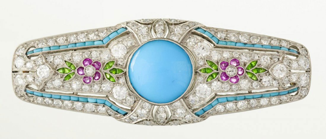 An Art Deco Turquoise, Diamond And Gemstone Brooch (1 of 1)