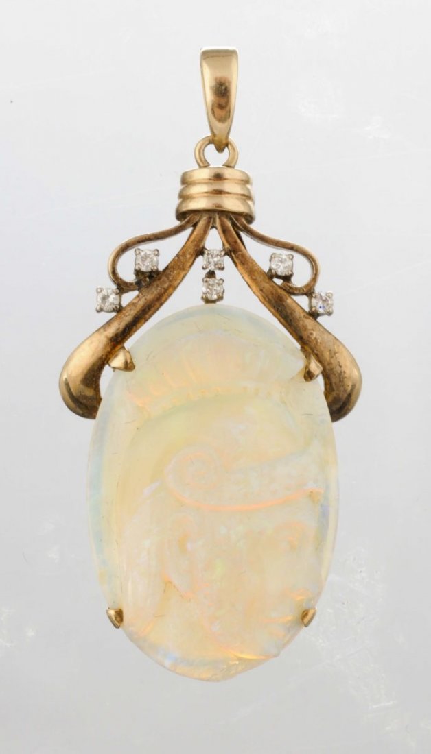 An Opal Cameo And Diamond Pendant. (1 of 1)